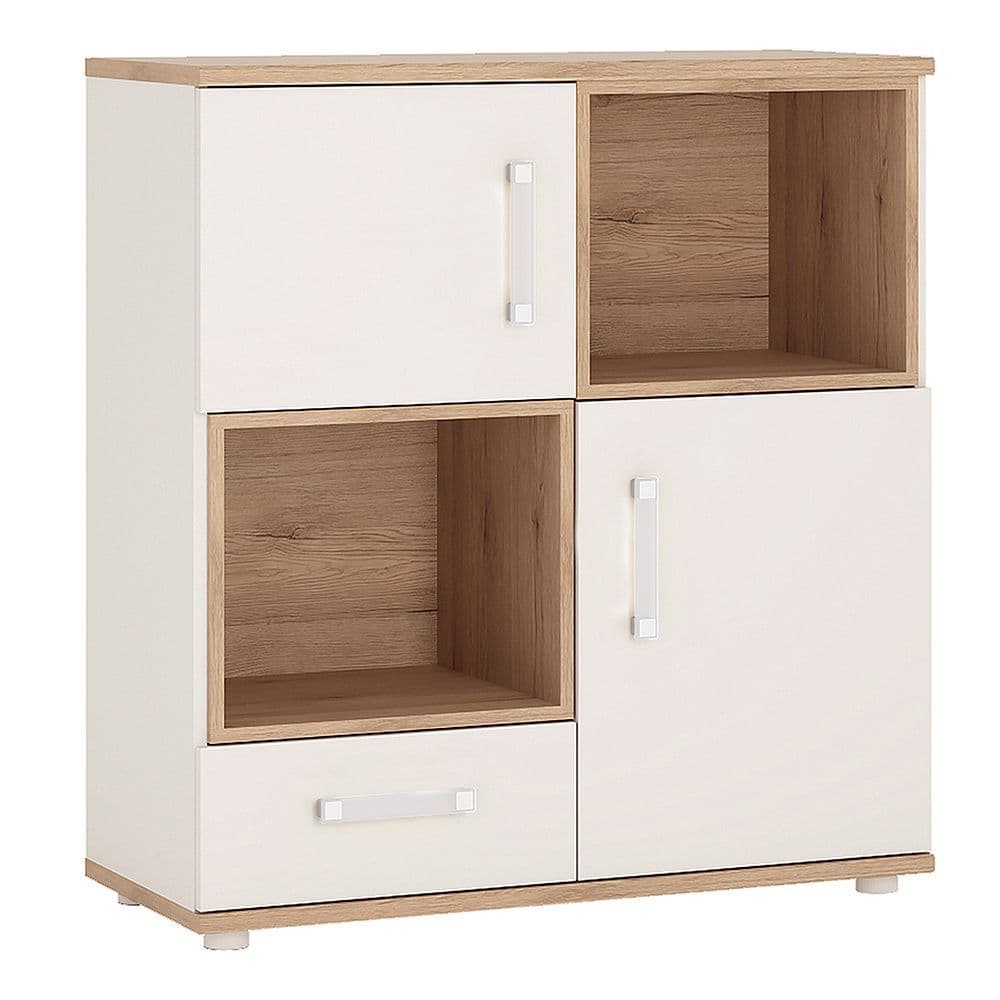 Kinder 2 Door 1 Drawer Cupboard, 2 open shelves in Light Oak & white High Gloss (opalino handles)